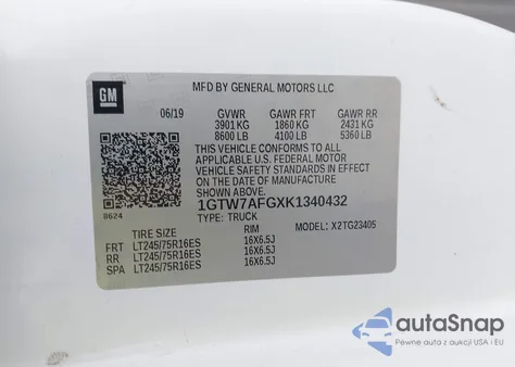 2019 GMC Savana 2500 Work Van z USA, uszkodzony, nr VIN 1GTW7AFGXK1340432